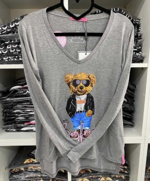 Corina T-Shirt Manga Longa Urso Óculos - Mescla Médio