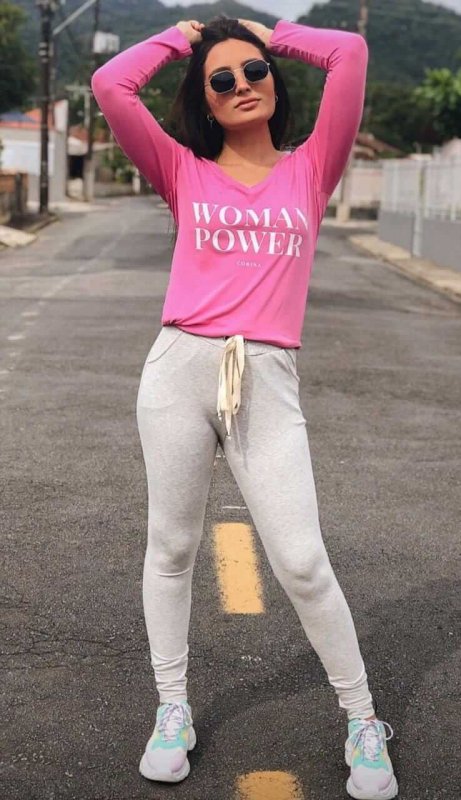 Corina T-Shirt Manga Longa Woman Power - Rosa Pink