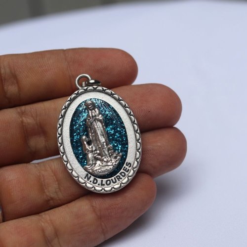 Medalha Original da Aparição de Lourdes Azul com Brilho - Grande
