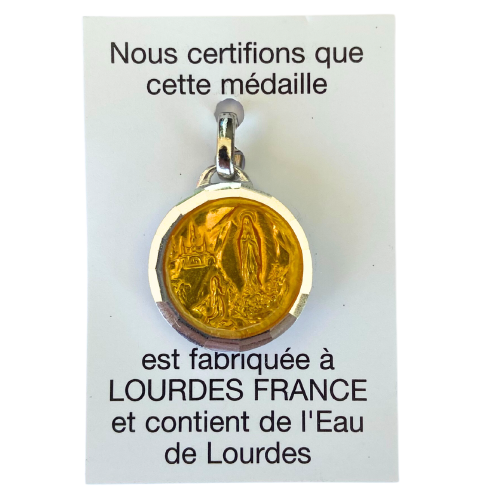 Medalha Original da Aparição de Lourdes com Água da Gruta de Lourdes - Redondo - Bernadette na Gruta - Amarela