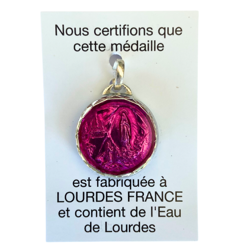 Medalha Original da Aparição de Lourdes com Água da Gruta de Lourdes - Redondo - Bernadette na Gruta - Rosa