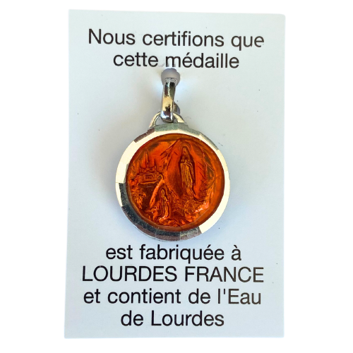 Medalha Original da Aparição de Lourdes com Água da Gruta de Lourdes - Redondo - Bernadette na Gruta - Laranja