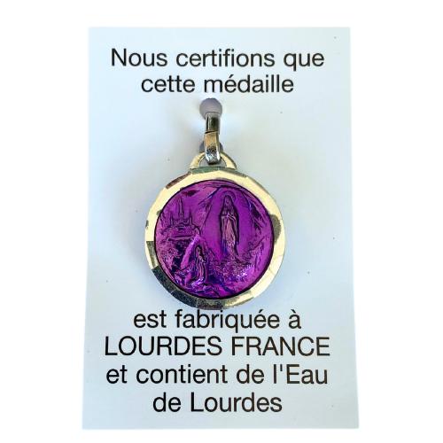 Medalha Original da Aparição de Lourdes com Água da Gruta de Lourdes - Redondo - Bernadette na Gruta - Lilás