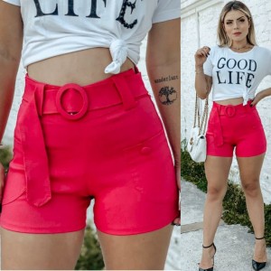 Shorts em bengaline com cinto e botões - Pink