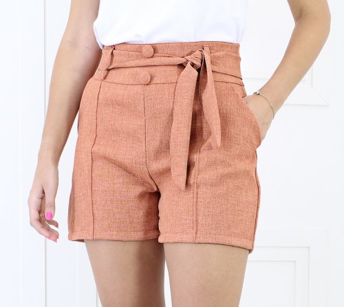 SHORTS EM LINHO E BOTÃO FORRADO - TELHA