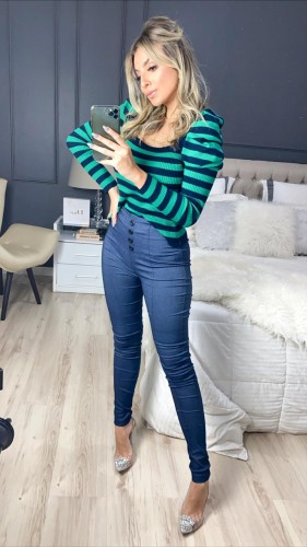 Skinny Com Botões em Bengaline - Azul Jeans