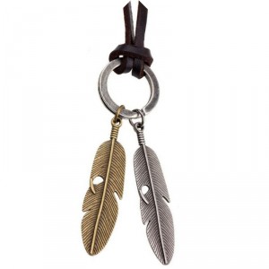 Colar Masculino de Couro Com Pingente de Pena Ouro e Prata Colar Masculino de Couro Com Pingente de Pena Ouro e Prata