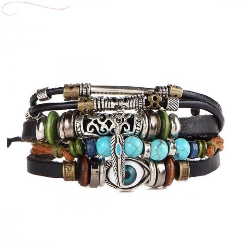 Pulseira Masculina de Couro com Olho Turco e Pena