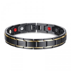 Pulseira Magnética Aço Preto e Filetes Banhados a Ouro 18K Pulseira Magnética Aço Preto e Filetes Banhados a Ouro 18K